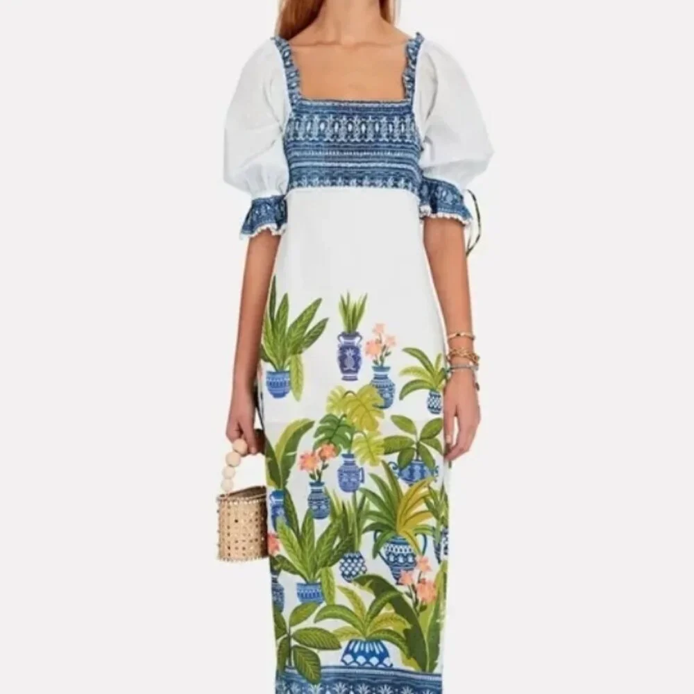 FARM Rio Vase Forest Puff Sleeve Smocked Swiss Dot Poplin Midi Dress XS $245